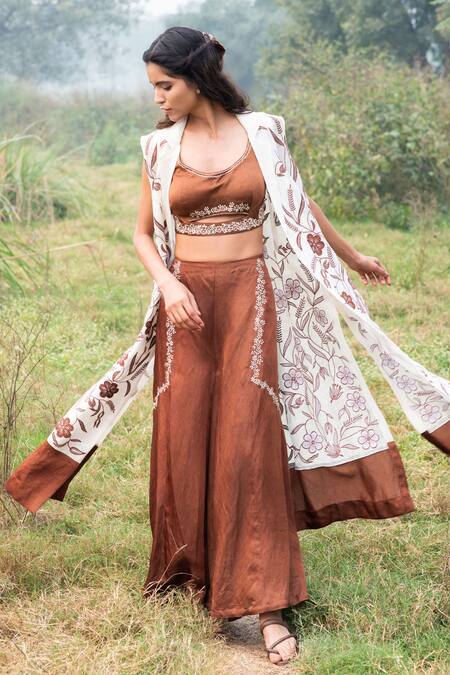 Kushani_Ivory Linen, Silk, Satin Embroidery, Beads Open Neck, Floral Applique Jacket Set _at_Aza_Fashions