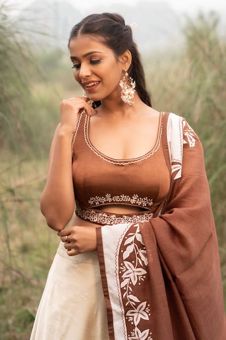 Kushani_Brown Satin, Linen, Chanderi Beads, Embroidery, Applique Floral Lehenga Set _Online_at_Aza_Fashions