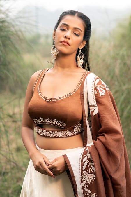 Buy_Kushani_Brown Satin, Linen, Chanderi Beads, Embroidery, Applique Floral Lehenga Set _Online_at_Aza_Fashions