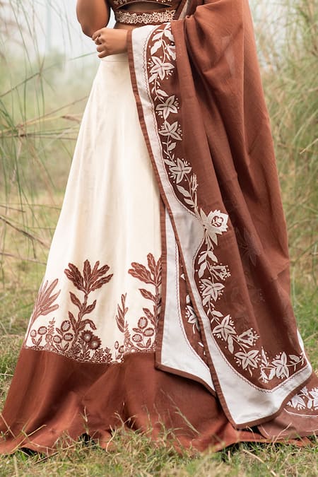 Shop_Kushani_Brown Satin, Linen, Chanderi Beads, Embroidery, Applique Floral Lehenga Set _Online_at_Aza_Fashions