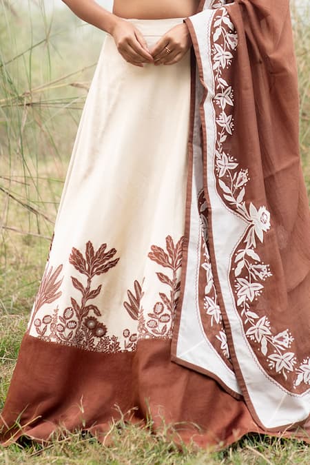 Kushani_Brown Satin, Linen, Chanderi Beads, Embroidery, Applique Floral Lehenga Set _at_Aza_Fashions