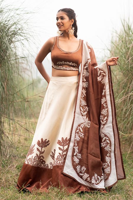 Shop_Kushani_Brown Satin, Linen, Chanderi Beads, Embroidery, Applique Floral Lehenga Set 
