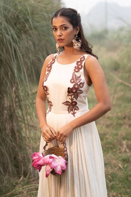 Kushani_Ivory Beads Round Neck Floral Embroidered Dress _Online_at_Aza_Fashions