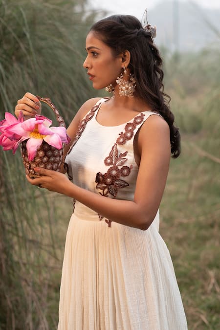 Buy_Kushani_Ivory Beads Round Neck Floral Embroidered Dress _Online_at_Aza_Fashions