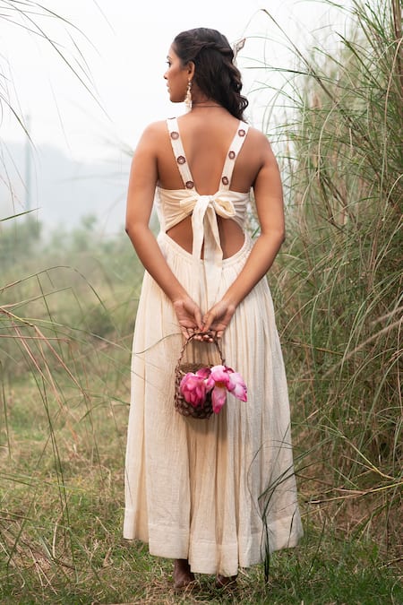 Shop_Kushani_Ivory Beads Round Neck Floral Embroidered Dress _Online_at_Aza_Fashions