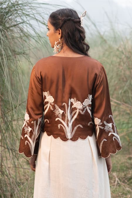 Kushani Ivory Tiered Hem Dress With Brown Bodice 