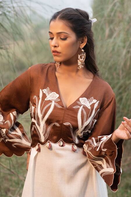 Buy_Kushani_Ivory Satin, Cotton, Linen Lace, Beads V-neck Tiered Hem Dress With Brown Bodice _Online_at_Aza_Fashions