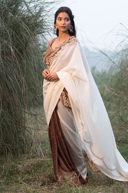Kushani Ivory Mocha Brown Floral Embroidered Saree With Blouse 