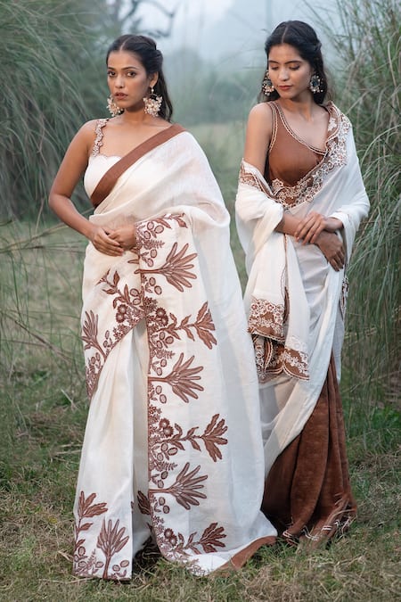 Shop_Kushani_Ivory Muslin Beads, Embroidery V-neck Mocha Brown Floral Saree With Blouse _Online_at_Aza_Fashions