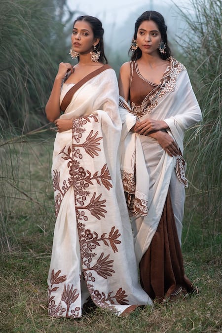 Buy_Kushani_Ivory Linen, Silk Lace, Beads, Embroidery Round Neck Floral Saree And Blouse Set _Online_at_Aza_Fashions