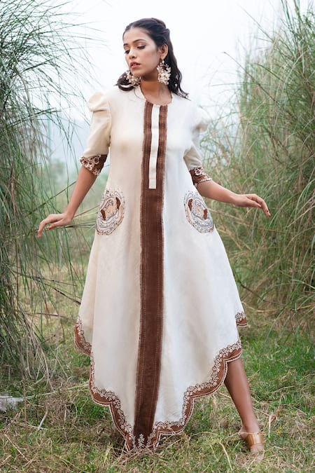 Kushani Ivory Linen, Silk Beads Round Neck Floral Embroidered Dress