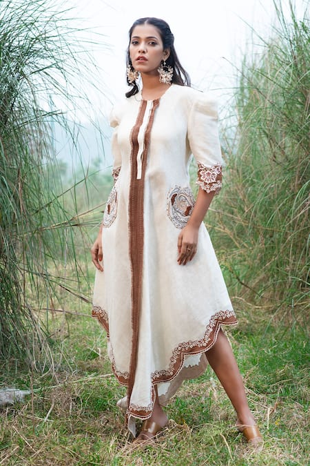 Kushani Floral Embroidered Linen Silk Dress 