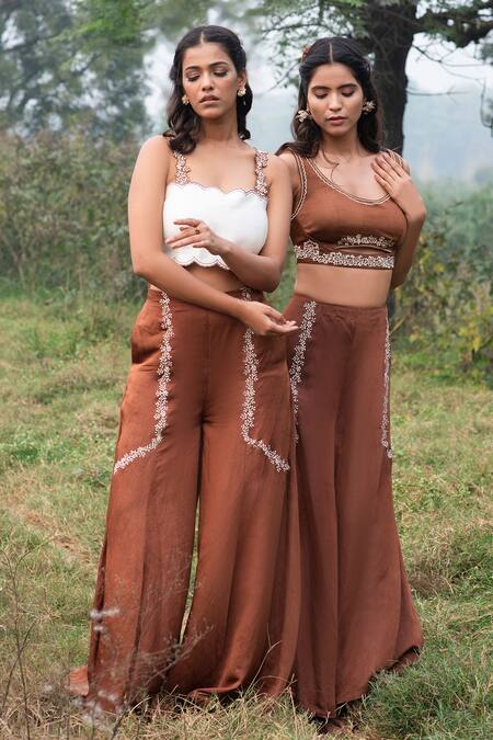 Kushani_Brown Linen, Satin Embroidery Round Neck Mocha Floral Set _Online_at_Aza_Fashions