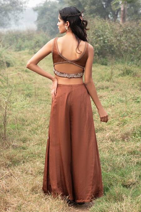 Kushani Mocha Brown Floral Embroidered Set 