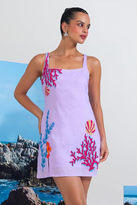 Nautanky Lilac Cotton, Linen Beads, Piping Square Neck Cove Crushin Dress at Aza Fashions Nautanky_Lilac Cotton, Linen Beads, Piping Square Neck Cove Crushin Dress _at_Aza_Fashions