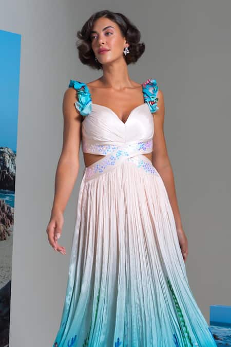 Nautanky Ivory Chiffon Sequins Sweetheart Neck Ombre Floral Dress Online at Aza Fashions Nautanky_Ivory Chiffon Sequins Sweetheart Neck Ombre Floral Dress _Online_at_Aza_Fashions