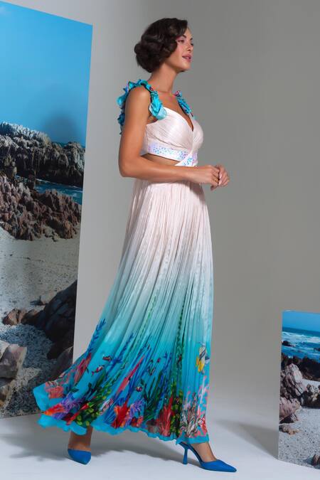 Shop Nautanky Ivory Chiffon Sequins Sweetheart Neck Ombre Floral Dress Online at Aza Fashions Shop_Nautanky_Ivory Chiffon Sequins Sweetheart Neck Ombre Floral Dress _Online_at_Aza_Fashions