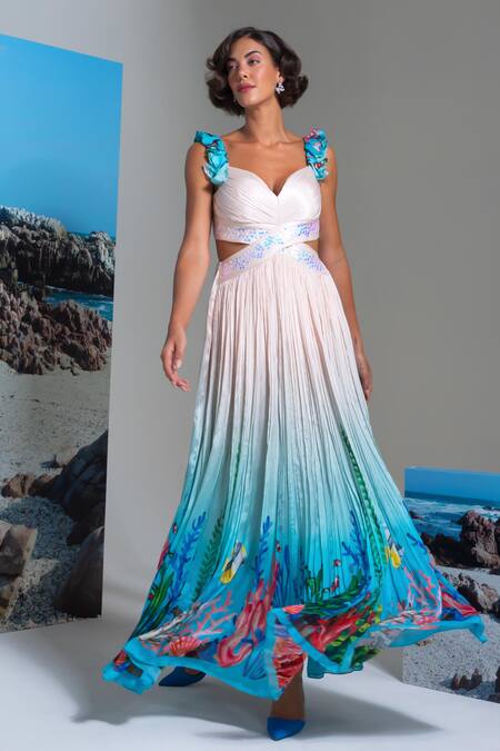 Nautanky Ivory Chiffon Sequins Sweetheart Neck Ombre Floral Dress at Aza Fashions Nautanky_Ivory Chiffon Sequins Sweetheart Neck Ombre Floral Dress _at_Aza_Fashions