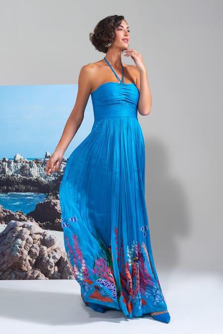 Nautanky_Blue Chiffon Sequins Halter Neck High Tide Hottie Dress _Online_at_Aza_Fashions