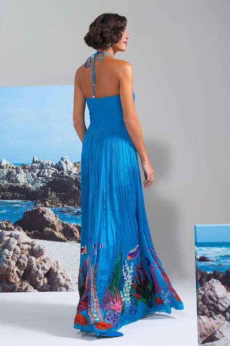 Shop_Nautanky_Blue Chiffon Sequins Halter Neck High Tide Hottie Dress _at_Aza_Fashions