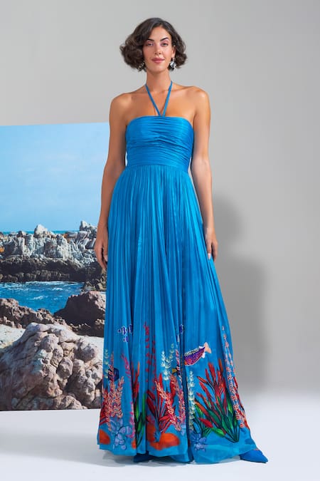 Buy_Nautanky_Blue Chiffon Sequins Halter Neck High Tide Hottie Dress _Online_at_Aza_Fashions