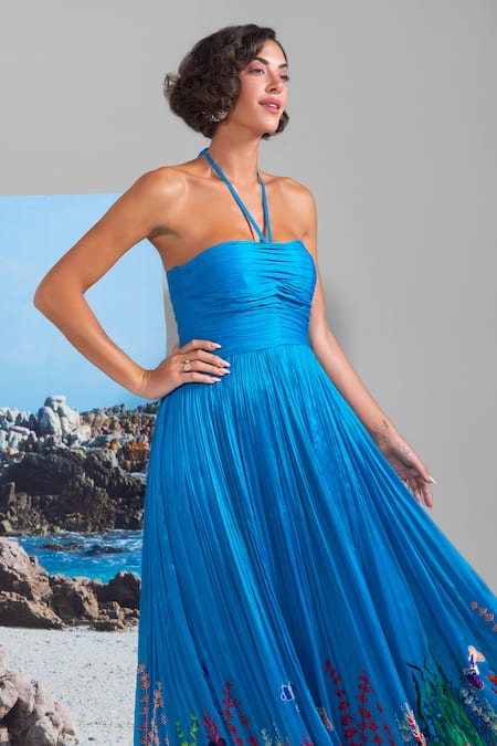 Shop_Nautanky_Blue Chiffon Sequins Halter Neck High Tide Hottie Dress _Online_at_Aza_Fashions