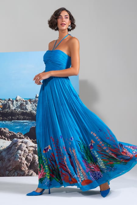 Nautanky_Blue Chiffon Sequins Halter Neck High Tide Hottie Dress _at_Aza_Fashions