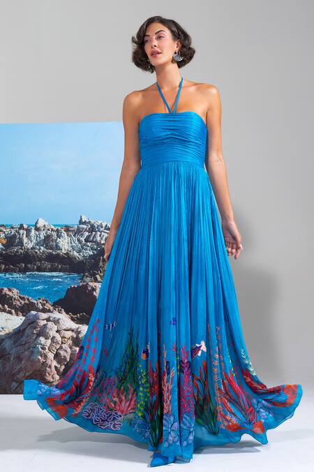 Buy_Nautanky_Blue Chiffon Sequins Halter Neck High Tide Hottie Dress 