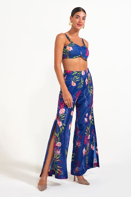 Buy Nautanky Blue Crepe Round Neck Electric Floral Print Pant Set Online at Aza Fashions Buy_Nautanky_Blue Crepe Round Neck Electric Floral Print Pant Set _Online_at_Aza_Fashions
