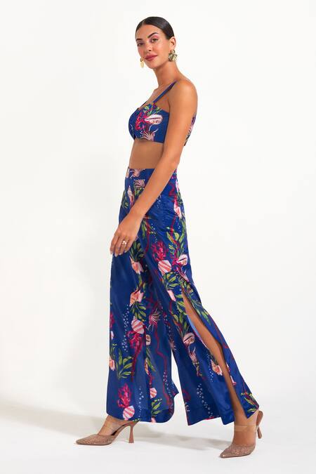 Shop Nautanky Blue Crepe Round Neck Electric Floral Print Pant Set Online at Aza Fashions Shop_Nautanky_Blue Crepe Round Neck Electric Floral Print Pant Set _Online_at_Aza_Fashions