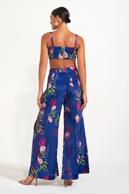 Shop Nautanky Blue Crepe Round Neck Electric Floral Print Pant Set at Aza Fashions Shop_Nautanky_Blue Crepe Round Neck Electric Floral Print Pant Set _at_Aza_Fashions