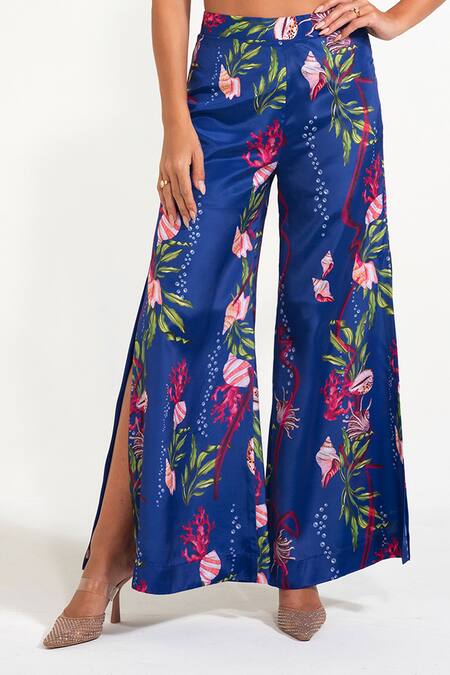 Nautanky Blue Crepe Round Neck Electric Floral Print Pant Set at Aza Fashions Nautanky_Blue Crepe Round Neck Electric Floral Print Pant Set _at_Aza_Fashions
