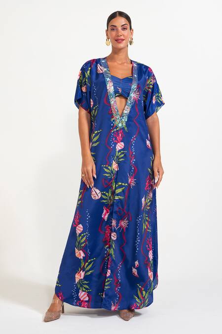 Nautanky_Blue Crepe Sequins, Smocking Plunge , Sweetheart Electric Kaftan Set _Online_at_Aza_Fashions