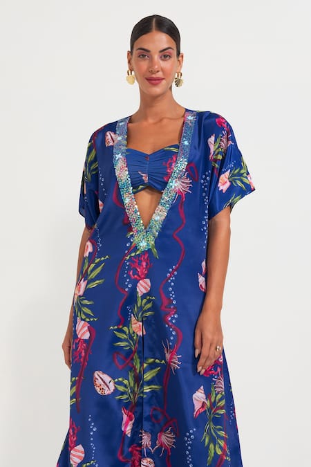 Buy_Nautanky_Blue Crepe Sequins, Smocking Plunge , Sweetheart Electric Kaftan Set _Online_at_Aza_Fashions