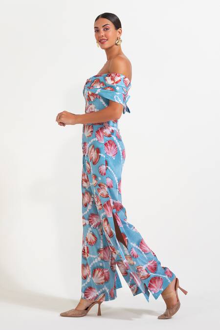 Nautanky Sky Blue Crepe Off-shoulder Floral Print Corset And Pant Set Online at Aza Fashions Nautanky_Sky Blue Crepe Off-shoulder Floral Print Corset And Pant Set _Online_at_Aza_Fashions