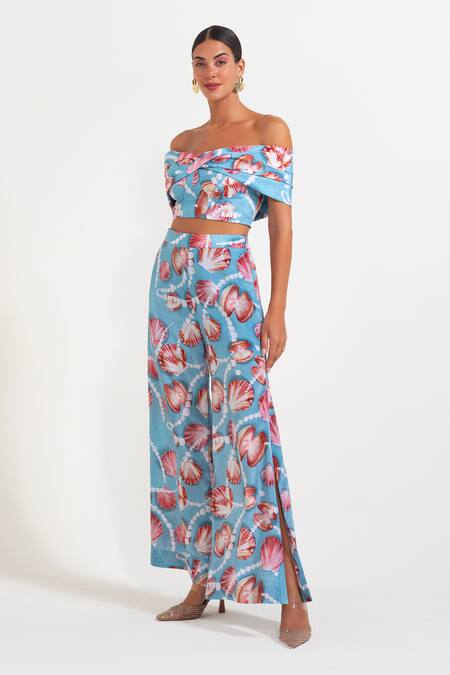 Buy Nautanky Sky Blue Crepe Off-shoulder Floral Print Corset And Pant Set Online at Aza Fashions Buy_Nautanky_Sky Blue Crepe Off-shoulder Floral Print Corset And Pant Set _Online_at_Aza_Fashions