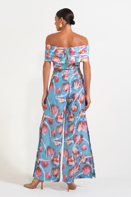 Shop Nautanky Sky Blue Crepe Off-shoulder Floral Print Corset And Pant Set at Aza Fashions Shop_Nautanky_Sky Blue Crepe Off-shoulder Floral Print Corset And Pant Set _at_Aza_Fashions
