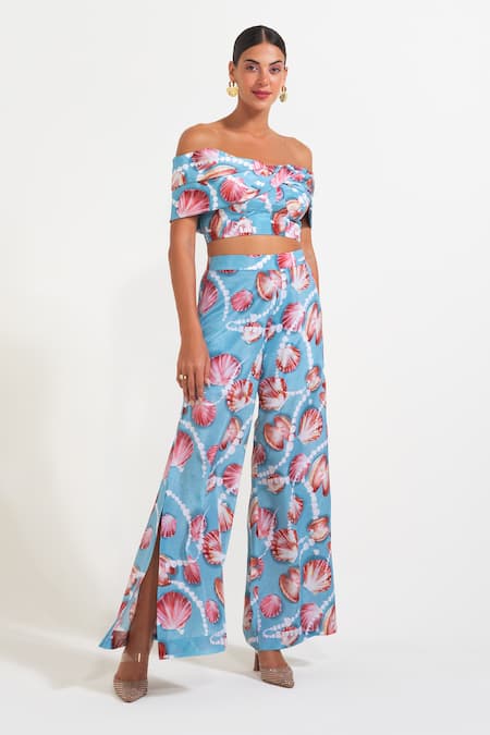 Shop Nautanky Sky Blue Crepe Off-shoulder Floral Print Corset And Pant Set Online at Aza Fashions Shop_Nautanky_Sky Blue Crepe Off-shoulder Floral Print Corset And Pant Set _Online_at_Aza_Fashions