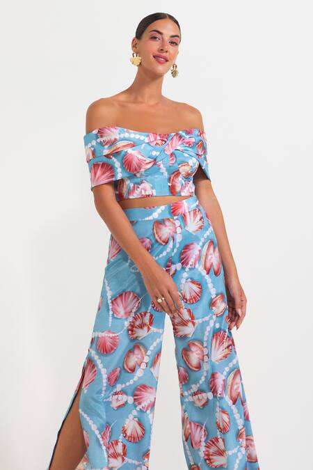 Nautanky Sky Blue Crepe Off-shoulder Floral Print Corset And Pant Set at Aza Fashions Nautanky_Sky Blue Crepe Off-shoulder Floral Print Corset And Pant Set _at_Aza_Fashions
