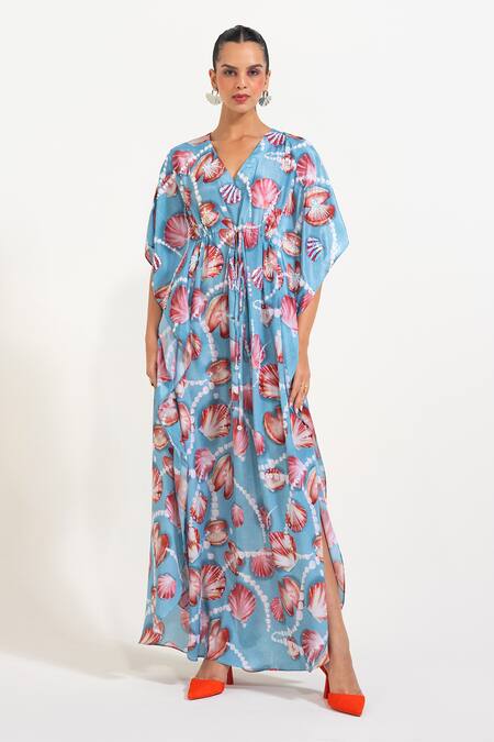 Buy Nautanky Sky Blue Crepe Sequins V-neck Shellfie Queen Kaftan Online at Aza Fashions Buy_Nautanky_Sky Blue Crepe Sequins V-neck Shellfie Queen Kaftan _Online_at_Aza_Fashions