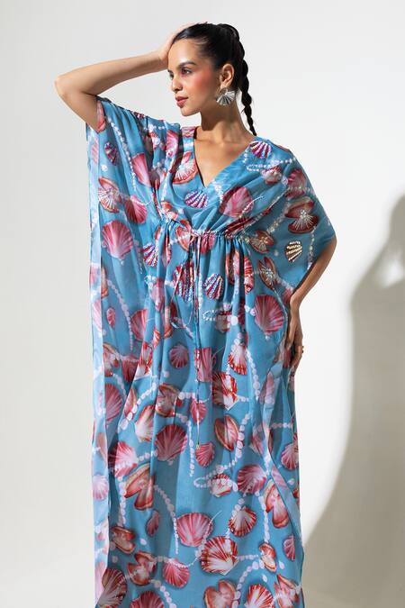 Nautanky Sky Blue Crepe Sequins V-neck Shellfie Queen Kaftan at Aza Fashions Nautanky_Sky Blue Crepe Sequins V-neck Shellfie Queen Kaftan _at_Aza_Fashions