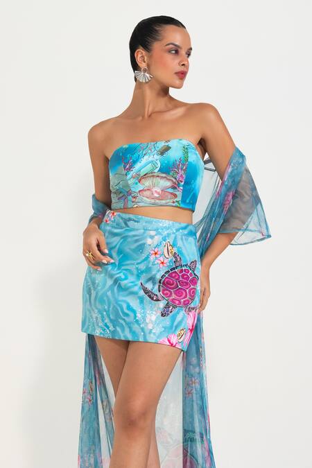 Nautanky_Aqua Neoprene, Net Embroidery Open Neck, Square Blue Turtle Me Softly Skirt Set _Online_at_Aza_Fashions