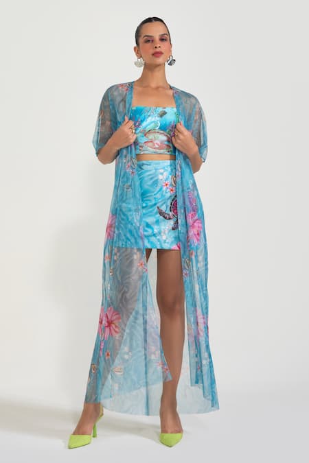 Nautanky Aqua Neoprene, Net Embroidery Open Neck, Square Blue Turtle Me Softly Skirt Set 