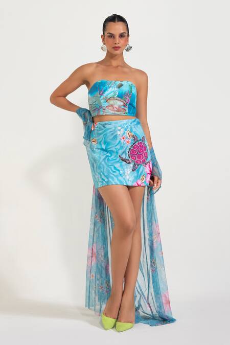 Buy_Nautanky_Aqua Neoprene, Net Embroidery Open Neck, Square Blue Turtle Me Softly Skirt Set _Online_at_Aza_Fashions