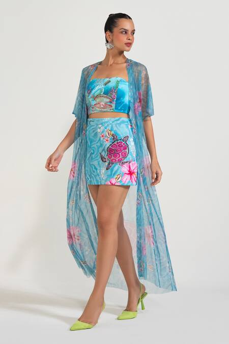 Shop_Nautanky_Aqua Neoprene, Net Embroidery Open Neck, Square Blue Turtle Me Softly Skirt Set _Online_at_Aza_Fashions