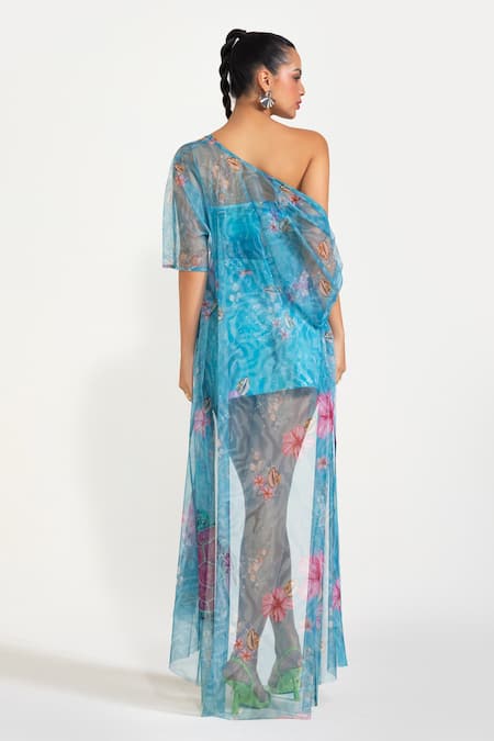 Shop_Nautanky_Aqua Neoprene, Net Embroidery Open Neck, Square Blue Turtle Me Softly Skirt Set _at_Aza_Fashions