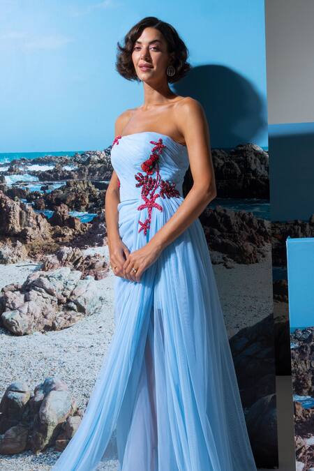 Nautanky_Blue Cotton, Linen, Net Sequins Off-shoulder Ice Designer Dress _Online_at_Aza_Fashions