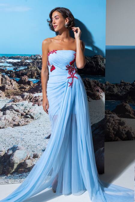 Buy_Nautanky_Blue Cotton, Linen, Net Sequins Off-shoulder Ice Designer Dress _Online_at_Aza_Fashions