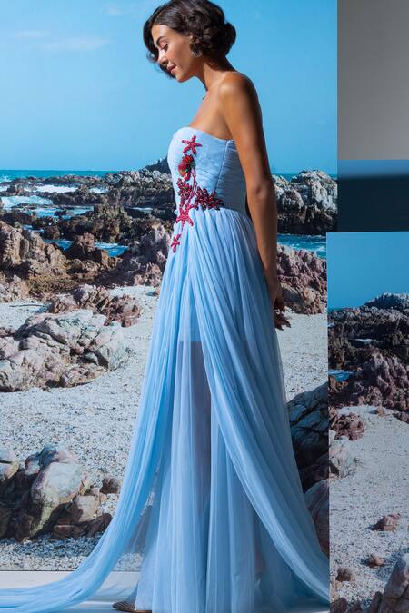 Nautanky_Blue Cotton, Linen, Net Sequins Off-shoulder Ice Designer Dress _at_Aza_Fashions