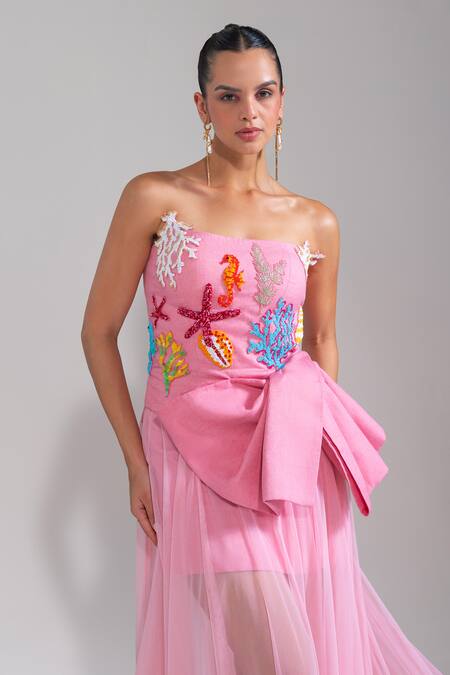 Shop Nautanky Blush Cotton, Net, Linen Sequins, Embroidery Square Pink Scuba Couture Dress Online at Aza Fashions Shop_Nautanky_Blush Cotton, Net, Linen Sequins, Embroidery Square Pink Scuba Couture Dress _Online_at_Aza_Fashions